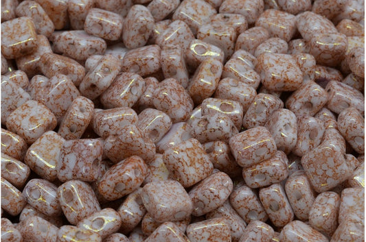 フラットシルキービーズ - 2穴、ホワイトテラコッタレッド (02010-15495)、ガラス、チェコ共和国