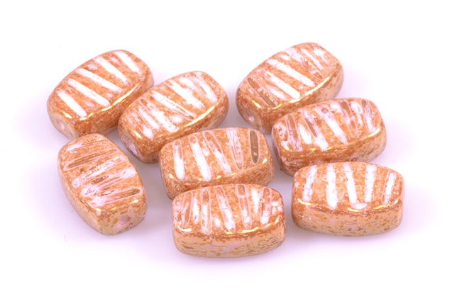Pressed Beads Rectangle with Stripes 14 x 9 mm, Chalk White Marble Red Brown (3000-15422), Bohemia Crystal Glass, Czechia 11130123
