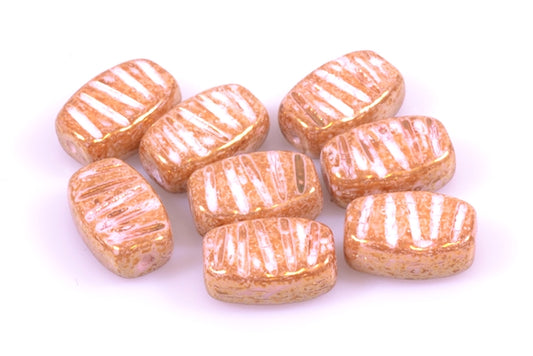 Pressed Beads Rectangle with Stripes 14 x 9 mm, Chalk White Marble Red Brown (3000-15422), Bohemia Crystal Glass, Czechia 11130123