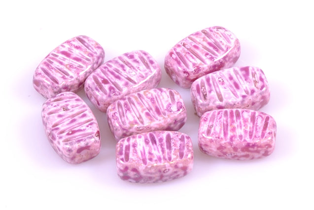 Pressed Beads Rectangle with Stripes 14 x 9 mm, Chalk White Marble Violet (3000-15423), Bohemia Crystal Glass, Czechia 11130123