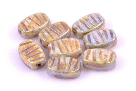 Pressed Beads Rectangle with Stripes 14 x 9 mm, Chalk White Stain With Luster Blue (3000-65431), Bohemia Crystal Glass, Czechia 11130123