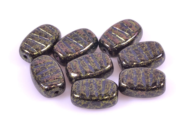 Pressed Beads Rectangle with Stripes 14 x 9 mm, Black Terracotta Red (23980-15495), Bohemia Crystal Glass, Czechia 11130123