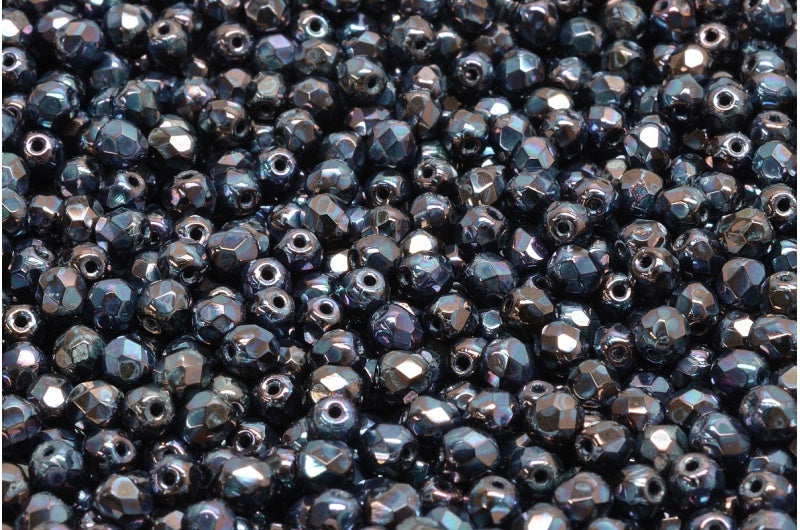 ファセット加工ラウンドビーズ、ブラックネビュラ（23980-15001）、ボヘミアクリスタルガラス、チェコ共和国