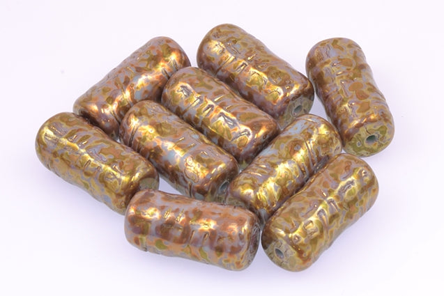 Pressed Beads Tube 17 x 8 mm, Opaque Green Marble Red Brown (53120-15422), Bohemia Crystal Glass, Czechia 11130175