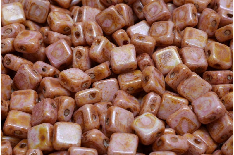 フラットシルキービーズ - 2穴、ホワイトオレンジピンク光沢スポット（02010-65307）、ガラス、チェコ共和国