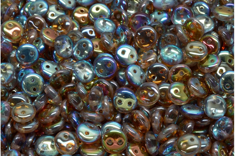 2穴レンズ豆ビーズ、クリスタルトパーズコーティング（00030-98532）、ガラス、チェコ共和国