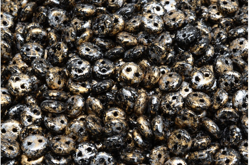 2穴レンズ豆ビーズ、ブラック 45704 (23980-45704)、ガラス、チェコ共和国