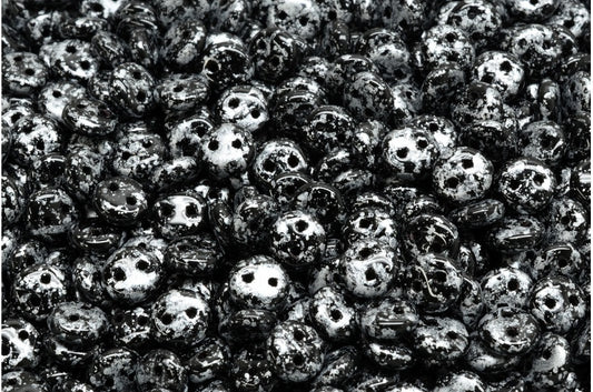 2穴レンズ豆ビーズ、ブラックツイードシルバー（23980-45702）、ガラス、チェコ共和国