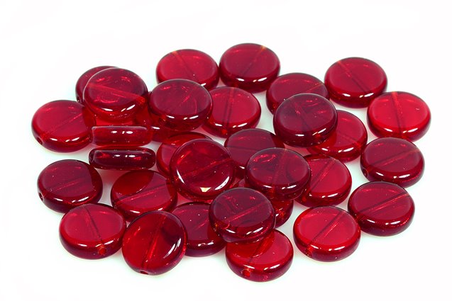 Pressed Flat Round Coin Beads 10 mm, Transparent Red (90090), Bohemia Crystal Glass, Czechia 11149004