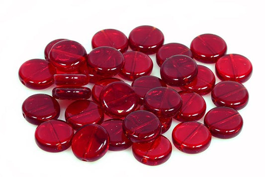 Pressed Flat Round Coin Beads 10 mm, Transparent Red (90090), Bohemia Crystal Glass, Czechia 11149004