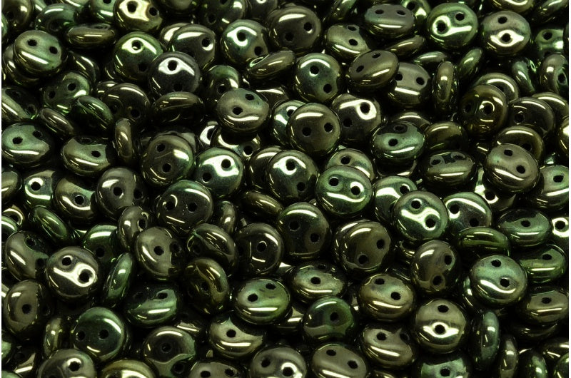 2穴レンズ豆ビーズ、ブラックラスターレッドフルコーティング（23980-14495）、ガラス、チェコ共和国