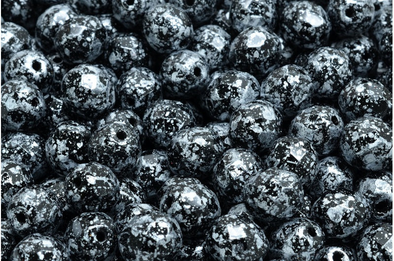 ファセット加工ラウンドビーズ、ブラックツイードシルバー（23980-45702）、ボヘミアクリスタルガラス、チェコ共和国