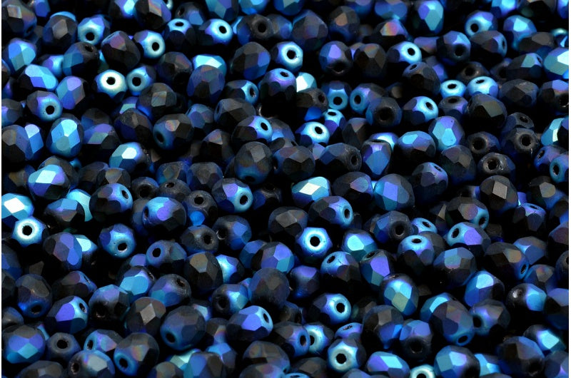 ファセット加工ラウンドビーズ、ブラックマットABフル（2Xサイド）（23980-84100-28703）、ボヘミアクリスタルガラス、チェコ共和国