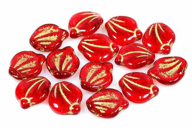 Peony Petal Beads 12 x 15 mm, Ruby Red Gold Lined (90080-54202), Bohemia Crystal Glass, Czechia 11174205