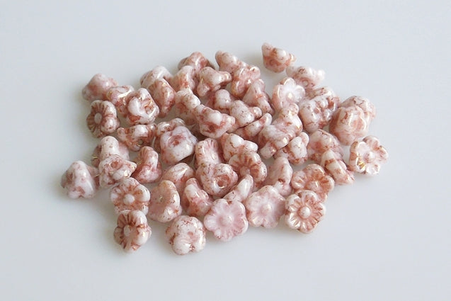 Pressed Beads 5-petal Small Flower 8 mm, Chalk White Terracotta Red (3000-15495), Bohemia Crystal Glass, Czechia 11179205