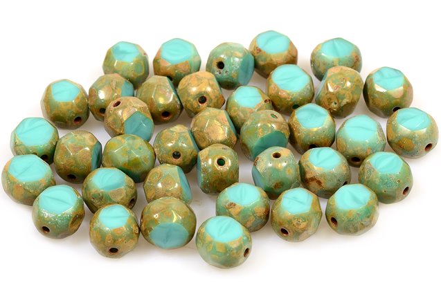 Fire Polished Faceted & Table Cut Beads 8 mm, Turquoise Picasso (63130-43400), Bohemia Crystal Glass, Czechia 15101198
