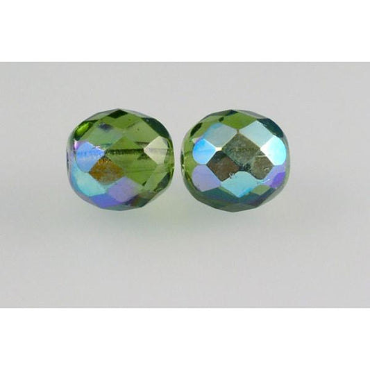 Fire Polished Faceted Beads Round 10 mm, Transparent Green Ab (50230-28701), Bohemia Crystal Glass, Czechia 15119001