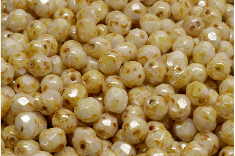 Fire Polished Faceted Beads Round, Chalk White Stain With Luster Amber (03000-65401), Bohemia Crystal Glass, Czech Republic