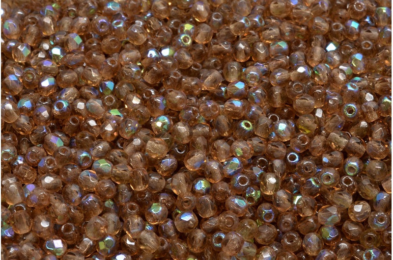 Fire Polished Faceted Beads Round, Transparent Brown Ab (10220-28701), Bohemia Crystal Glass, Czech Republic