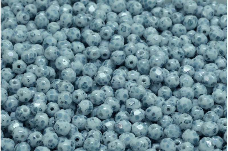 圆形火抛光刻面珠，粉笔白大理石蓝色 (03000-15426)，波西米亚水晶玻璃，捷克共和国