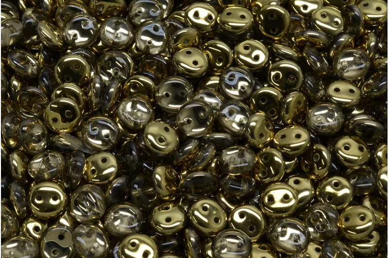 2穴レンズ豆ビーズ、クリスタルゴールド（00030-26441）、ガラス、チェコ共和国