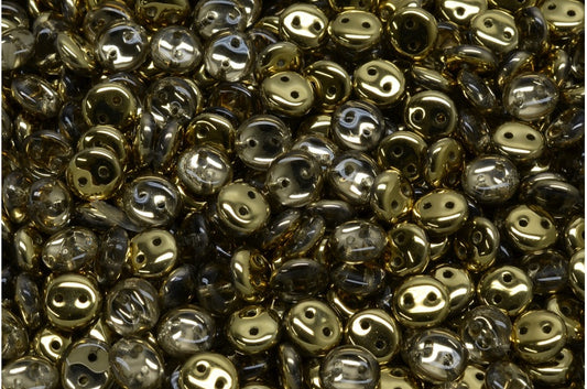 2穴レンズ豆ビーズ、クリスタルゴールド（00030-26441）、ガラス、チェコ共和国