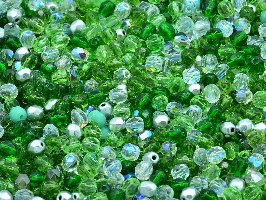 Fire Polished Faceted Beads Round 4 mm, Mixed Colors Green (), Bohemia Crystal Glass, Czechia 15119001