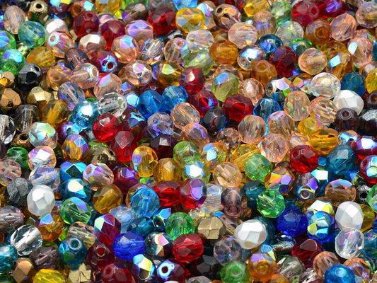 Fire Polished Faceted Beads Round 5 mm, Mixed Colors Coated (), Bohemia Crystal Glass, Czechia 15119001