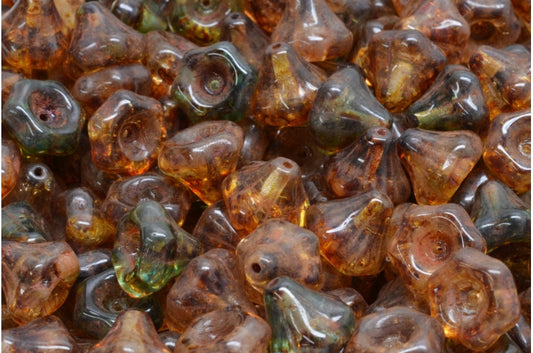 フラワーベルビーズ、クリスタル透明アクアトラバーチン（00030-60040-86800）、ガラス、チェコ共和国