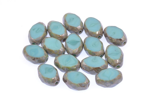 Fire Polished Faceted & Table Cut Beads Oval 11 x 8 mm, Turquoise Travertin (63130-86800), Bohemia Crystal Glass, Czechia 15129110