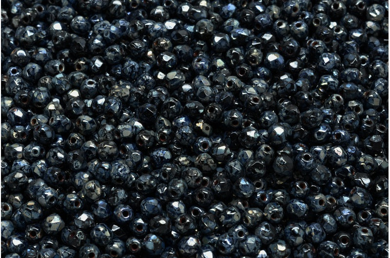 ファイアポリッシュファセットビーズラウンド、ブラックピカソ（23980-43400）、ボヘミアクリスタルガラス、チェコ共和国