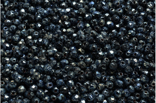 ファイアポリッシュファセットビーズラウンド、ブラックピカソ（23980-43400）、ボヘミアクリスタルガラス、チェコ共和国