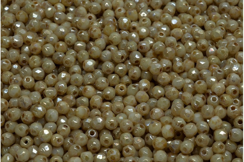 Fire Polished Faceted Beads Round, Chalk White Picasso (03000-43400), Bohemia Crystal Glass, Czech Republic