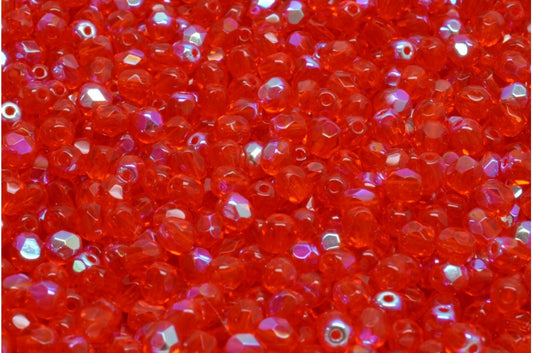 Fire Polished Faceted Beads Round, Transparent Red Ab (90060-28701), Bohemia Crystal Glass, Czech Republic