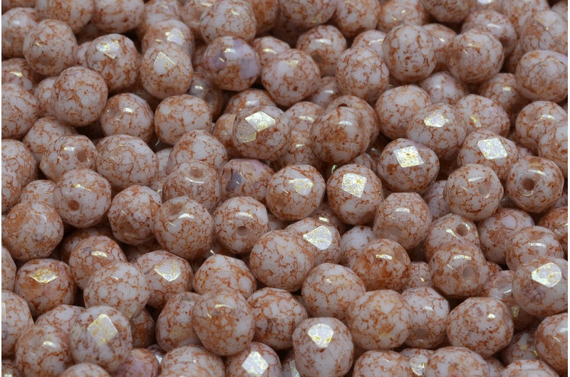 ファセット加工ラウンドビーズ、チョークホワイトテラコッタレッド（03000-15495）、ボヘミアクリスタルガラス、チェコ共和国