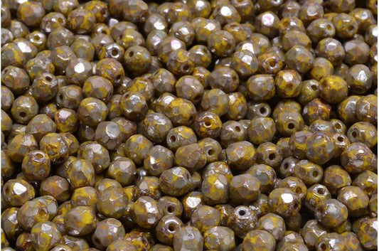 Faceted Fire Polished Round Beads, Yellow Picasso (83120-43400), Glass, Czech Republic