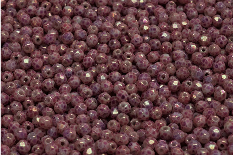 Fire Polished Faceted Beads Round, Chalk White Marble Violet (03000-15423), Bohemia Crystal Glass, Czech Republic