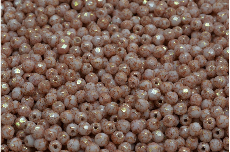 ファセット加工ラウンドビーズ、チョークホワイトテラコッタレッド（03000-15495）、ボヘミアクリスタルガラス、チェコ共和国