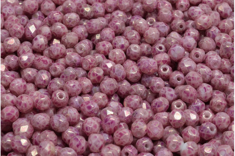 Fire Polished Faceted Beads Round, Chalk White Marble Violet (03000-15423), Bohemia Crystal Glass, Czech Republic