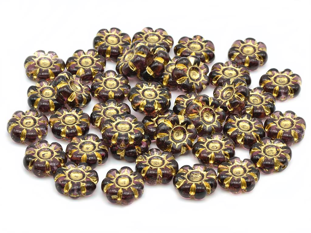 Flower Beads 10 mm, Transparent Amethyst Gold Lined (20080-54202), Bohemia Crystal Glass, Czechia 11109044