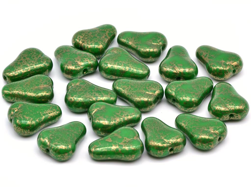 Pressed Beads Pears 16 x 12 mm, Opaque Green Terracotta Copper (53320-15435), Bohemia Crystal Glass, Czechia 11130259