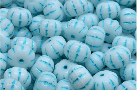 Pumpkin Beads, White Light Blue Lined (02010-54308), Glass, Czech Republic