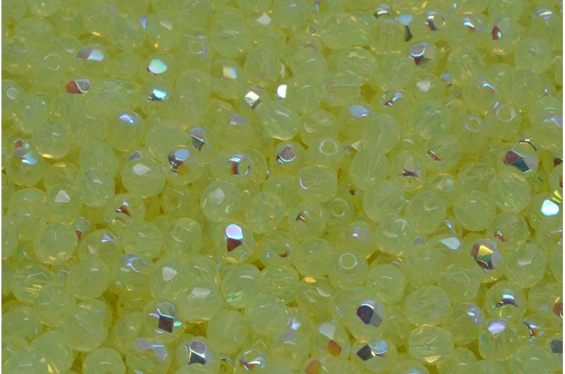 Faceted Fire Polished Round Beads, Transparent Yellow Ab (80130-28701), Glass, Czech Republic