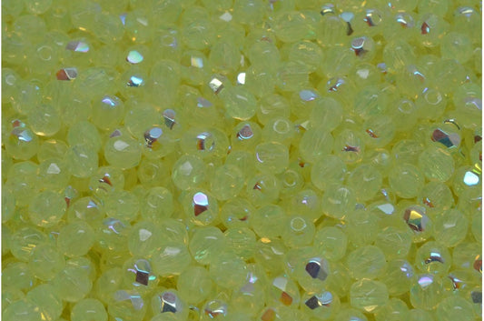Faceted Fire Polished Round Beads, Transparent Yellow Ab (80130-28701), Glass, Czech Republic
