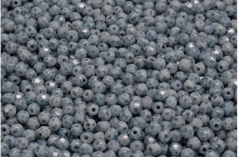 圆形火抛光刻面珠，粉笔白大理石蓝色 (03000-15426)，波西米亚水晶玻璃，捷克共和国