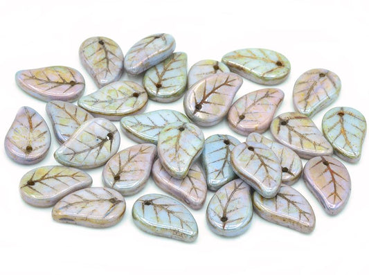 Flat Leaf Beads 14 x 9 mm, Chalk White Stain With Luster Blue (03000-65431)