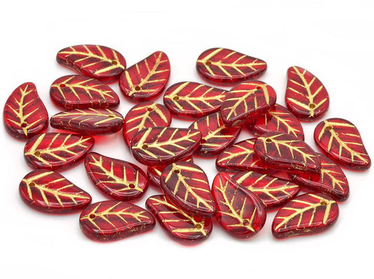 Flat Leaf Beads 14 x 9 mm, Ruby Red Gold Lined (90080-54202)