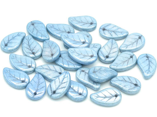 Flat Leaf Beads 14 x 9 mm, Chalk White Luster Blue Full Coated (03000-14464)