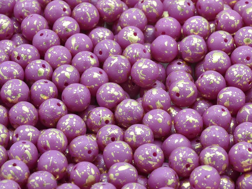 Round Pressed Beads 8 mm, White Purple Golden Splash (02010-13005)