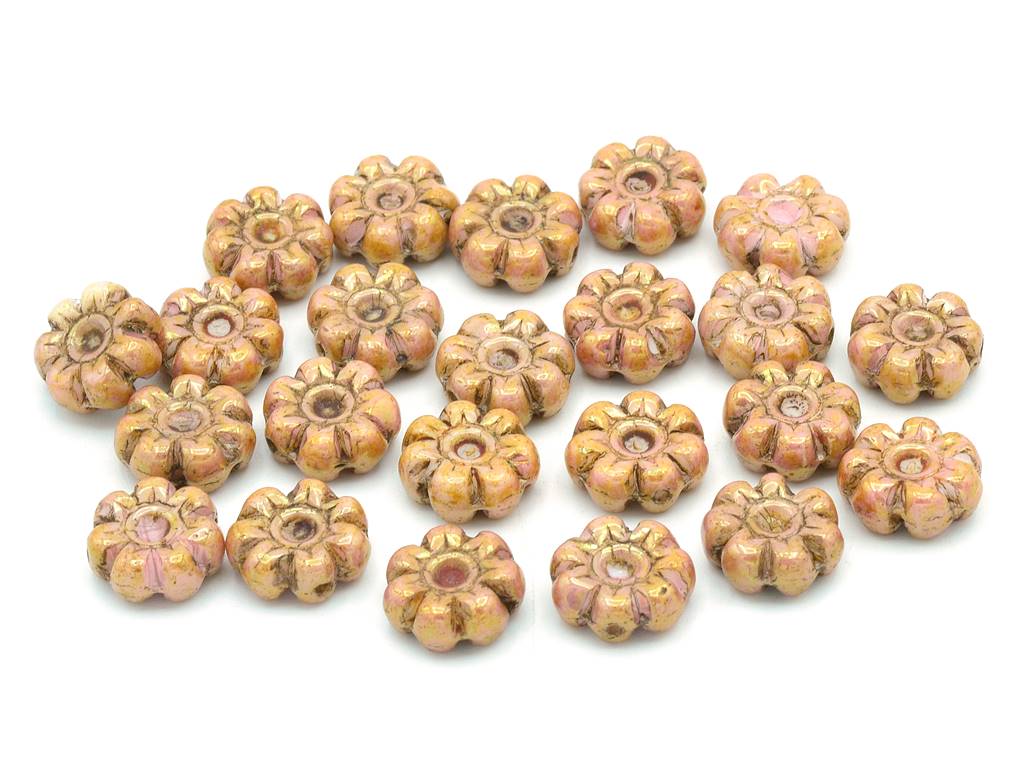 Flower Beads 10 mm, Chalk White Stain With Luster Red (3000-65491), Bohemia Crystal Glass, Czechia 11109044